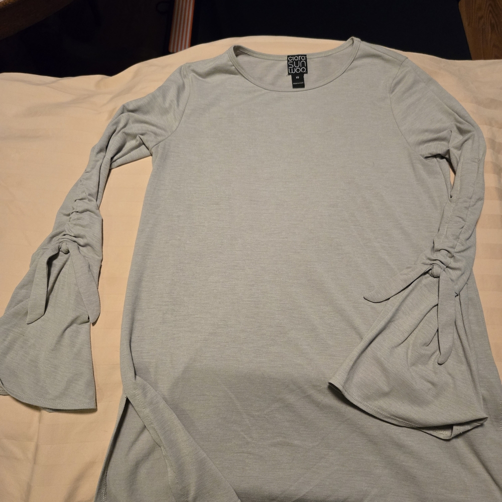 Clara Sun Woo Light Gray Long Sleeve Top with Tie Accents